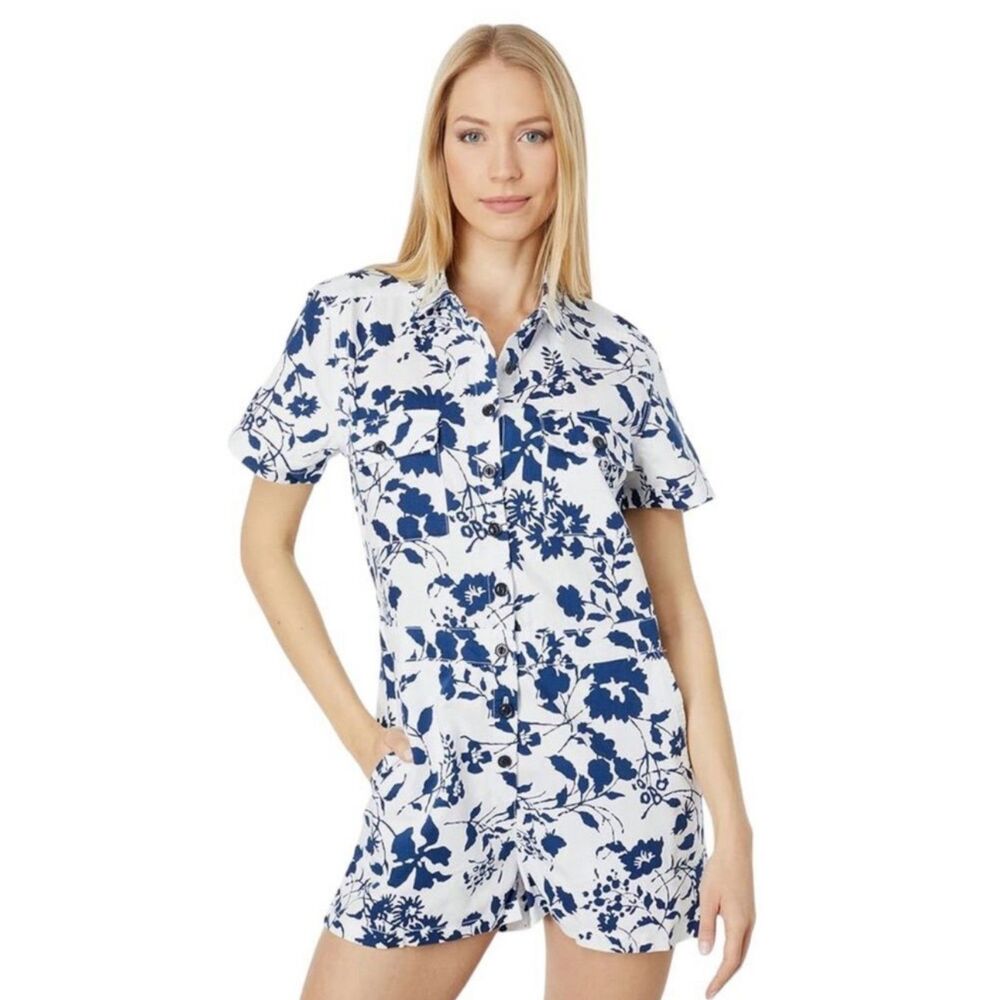 OUTERKNOWN Organic Cotton/Linen Blue/White Botanical Print Romper, Sz M